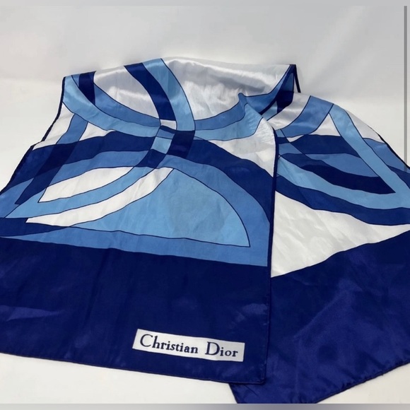 Vintage Christian Dior Satin Scarf Blue White Geometric Rectangular 43"x13" - Picture 1 of 6